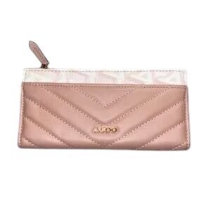 ALDO Mauve Pink Chevron Quilted Long Wallet Monogram Trim Gold Logo Organizer